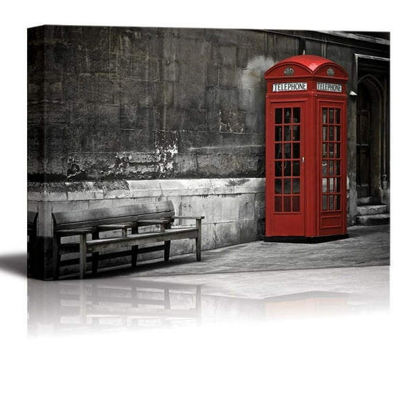 wall26 - Black and White Photograph with Pop of Color on a Red Telephone Booth in London - Canvas Art Home Art - 16x24 inches