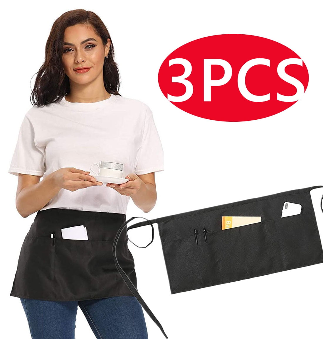 3 x Black Professional Waitress Apron with Pockets for Restaurant Cafe or Pub 