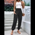 thumbnail image 4 of Pantalones de Trabajo Bohemios de Verano para Mujer, Informales, Plisados, Elásticos, de Cintura Alta, Anchos y con Bolsillos. Negro XL, 4 of 9