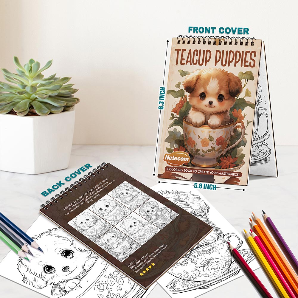 Netecom Teacup Puppies Coloring Book Spiral Bound for Adults, A5 Wooden Cover, 30 Adorable Puppies in Cute Teacups Coloring Pages for Stress Relief and Relaxation