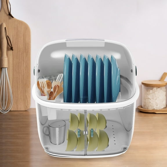 Household/ Commercial Kitchen 2 Tier Plastic Drying Rack, Dish Drying Rack, Dustproof 2-tier Dish Drying Rack with Lid