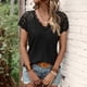 thumbnail image 2 of Bienvenido Blusa de Manga Corta para Mujer Cuello en V Borde de Encaje Color Puro Moda Transpirable para el Verano Negro L, 2 of 7