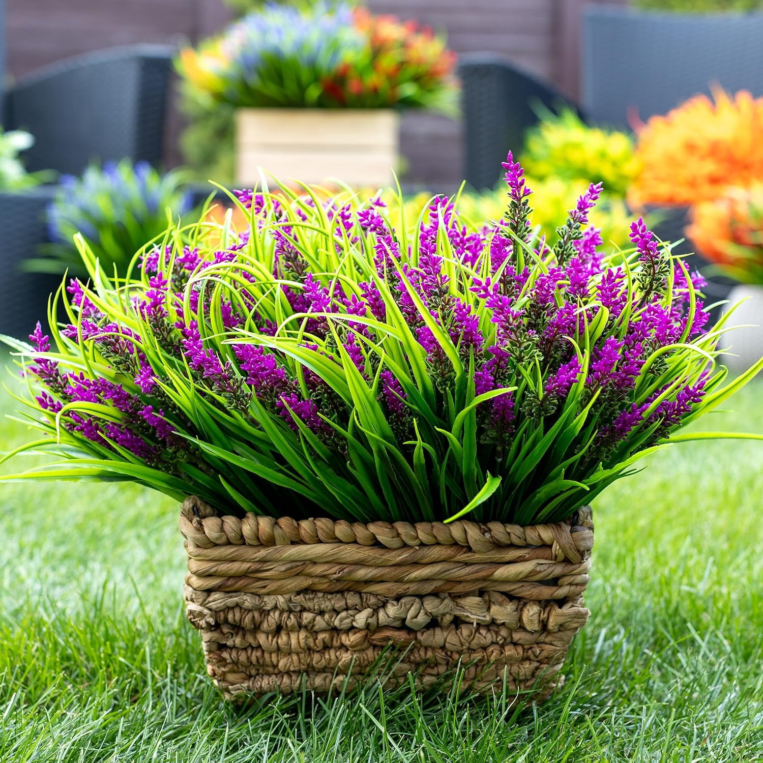 4PCS Artificial Flowers for Outdoors, Fake Lavender with Grass UV Resistant Plastic Faux Autumn Plants for Garden Thanksgiving Home Decor (Magenta)