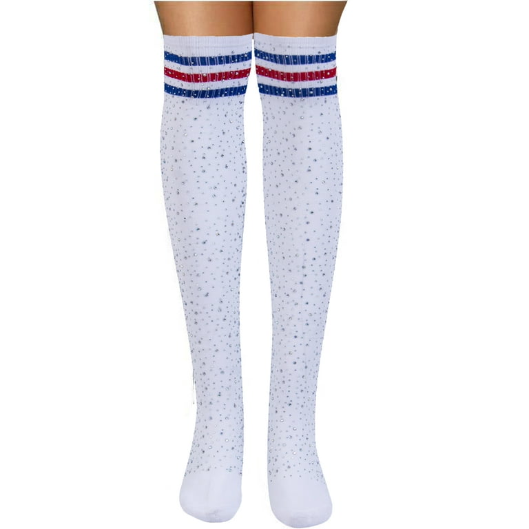 Inevnen Sparkle Rhinestone Over Knee High Socks Women Shiny Stocking Stripe Long Socks