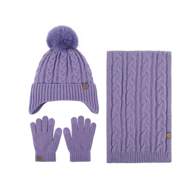 SDNall Touch Screen Gloves, Hat and Scarf Set, Hat Scarf and Gloves, Hats and Gloves Sets, Warm Cold Padded Knitted Ear Protection Hat Scarf Gloves Three Sets Gloves Can Touch Screen Warm Gift