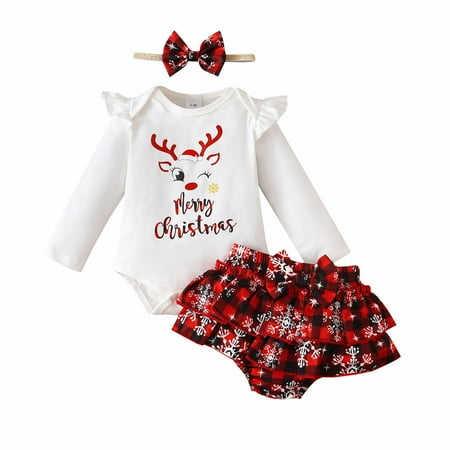 

Generic Toddler Girls Christmas Long Sleeve Deer Letter Prints Romper Plaid Skirt with Headband 3PCS Outfits Clothes Set Autumn Winter Clothes for Holiday Party Christmas（9-12 Months White）