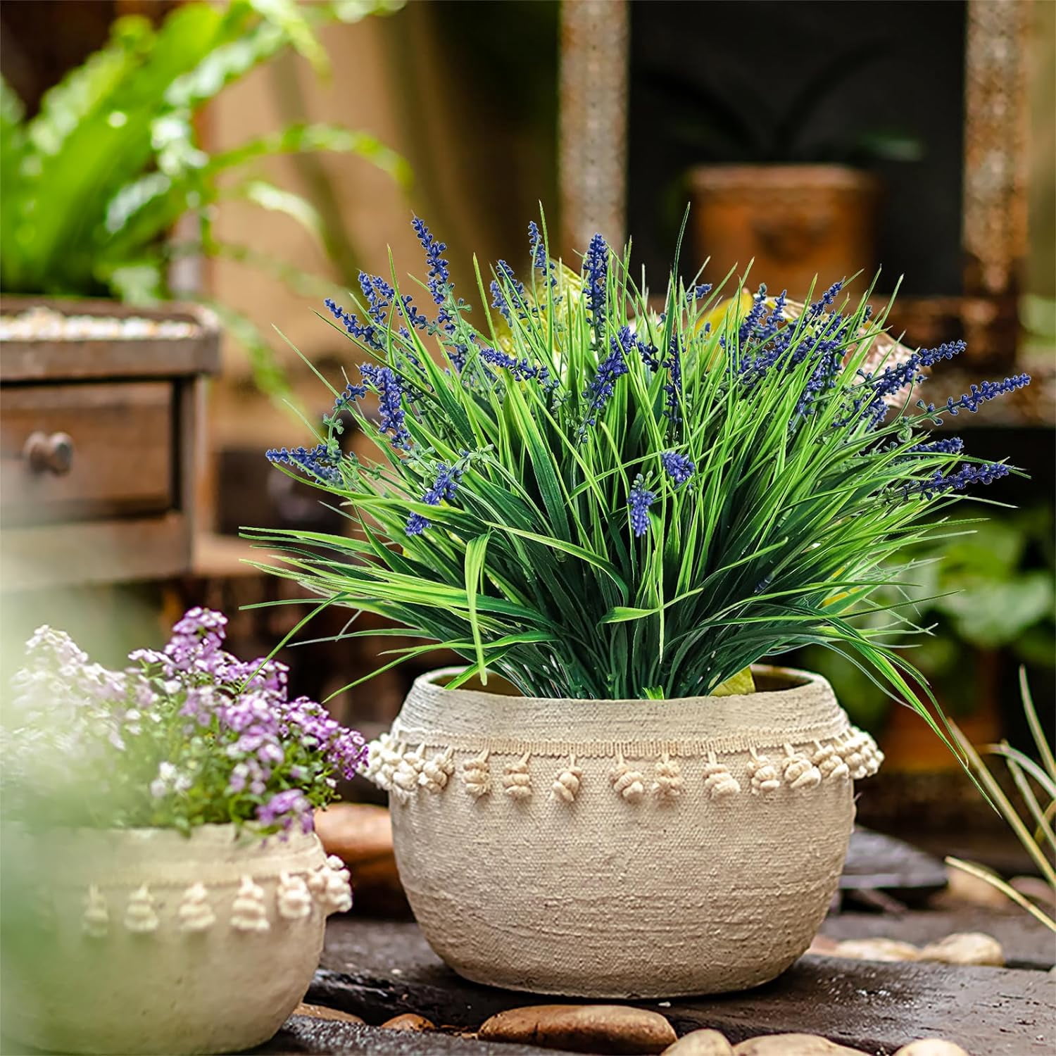12 Bundles Artificial Plants Outdoor Flowers Fake Grass No Fade Faux Plastic Shrubs for Pot Garden Wedding Porch Hanging Planter for Window Box Decoration Greenery uv Resistant (GrassC1)