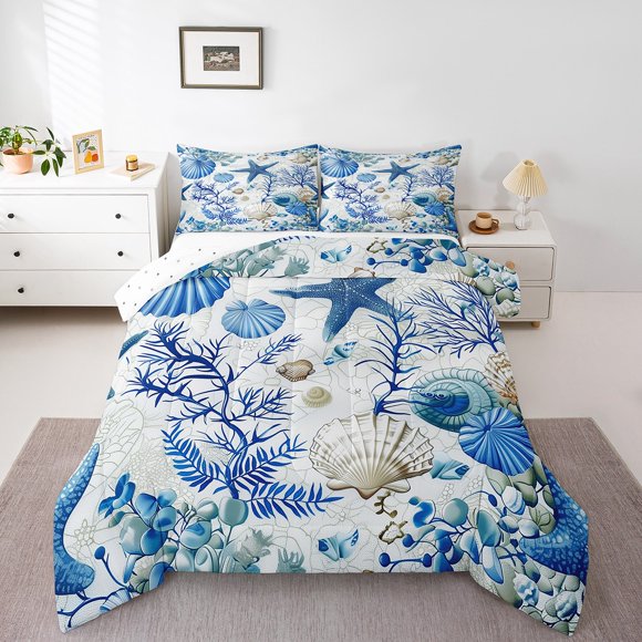 Erosebridal Ocean Animal Bedding Sets Full with Comforter,Sealife Starshell Seashell Duvet Insert,Underwater World Decor,Reversible,3pcs