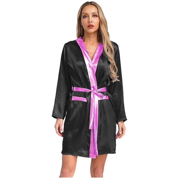 HULIJA Women Boxing Robe Long Sleeve Open Front Metallic Trim Satin Hooded Cloak Black&Pink 14