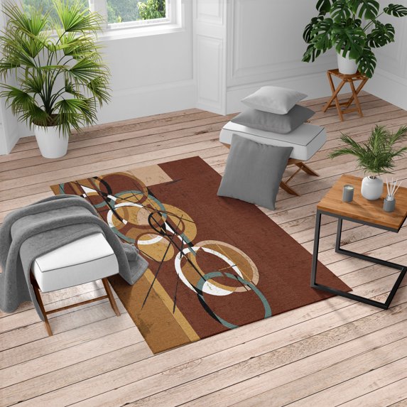 Modern Art Turkish Area Rug, Retro Surreal Abstract Circular and Square Shaped Art Lines on Murky Base, Carpet for Living Room Decor with Distressed Look, 6.6' X 9.6', Redbrown Camel, by Ambesonne