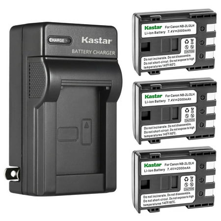 Kastar 3-Pack Battery and AC Wall Charger Replacement for Canon NB-2L NB-2LH NB-2L12 NB-2L14 NB-2L24 BP-2L5 BP-2LH Battery Canon CB-2LW CB-2LWE Charger Canon DS126071 E160814 DS126151