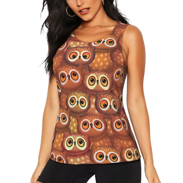 Fotbe Brown Owl Blusas Sin Mangas para Mujer – Estilo Casual, Corte Suelto, Slim-Fit, Cuello Redondo Deportivo, Tops de Verano para Gimnasio y Yoga-Medium