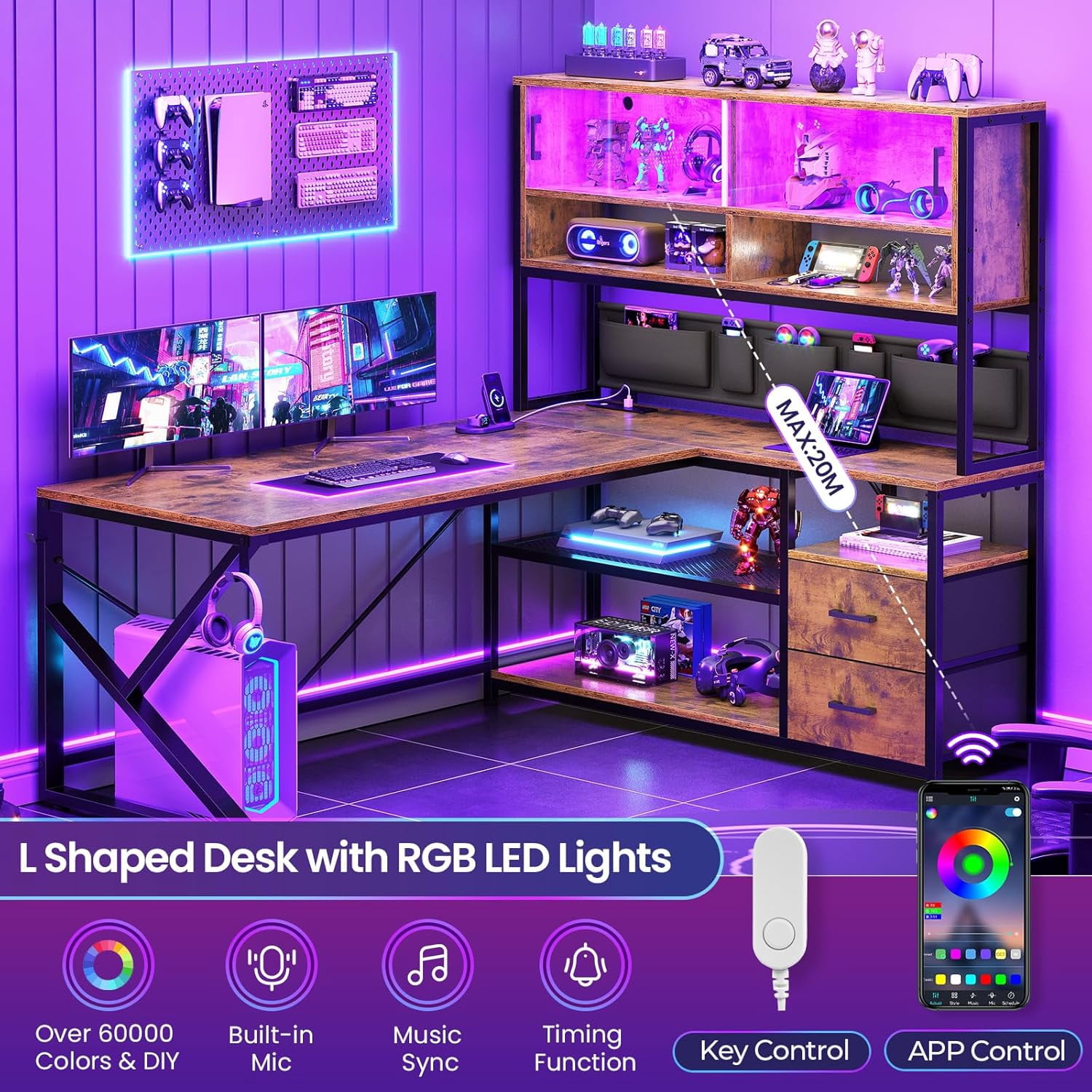 SEDETA L Shaped Desk with Ample Storage, Gaming Desk with LED Lights & Power Outlets, Home Office Desk with Drawers, Glass Cabinets & Open Shelves, Corner Desk with Spacious Desktop, Rustic Brown