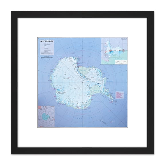 Antarctica Map Information 8X8 Inch Square Wooden Framed Wall Art Print Picture with Mount