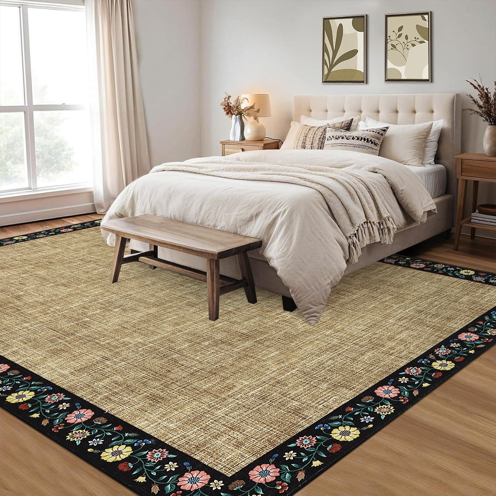 Washable Area Rug 8x10 – Farmhouse Floral Non-Slip Carpet for Living Room, Low Pile Indoor Mat with TPR Backing, Foldable Rug for Home Office, Yellow