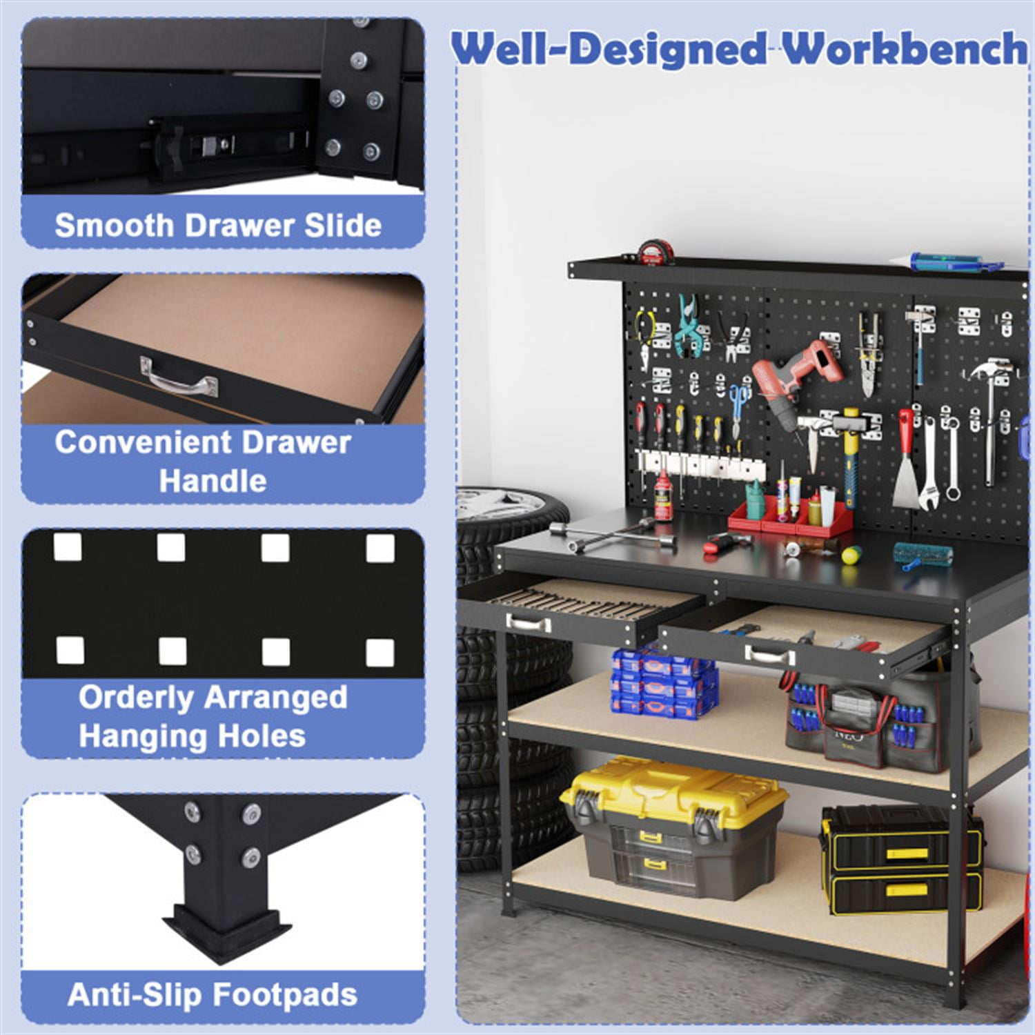 Demi Bonn 48" x 24" Workbench Work Table with 2 PCs Pegboard Drawer and Shelves, 4-Tier Heavy Duty Metal Tool Storage Bench for Garage, Workshop, Black