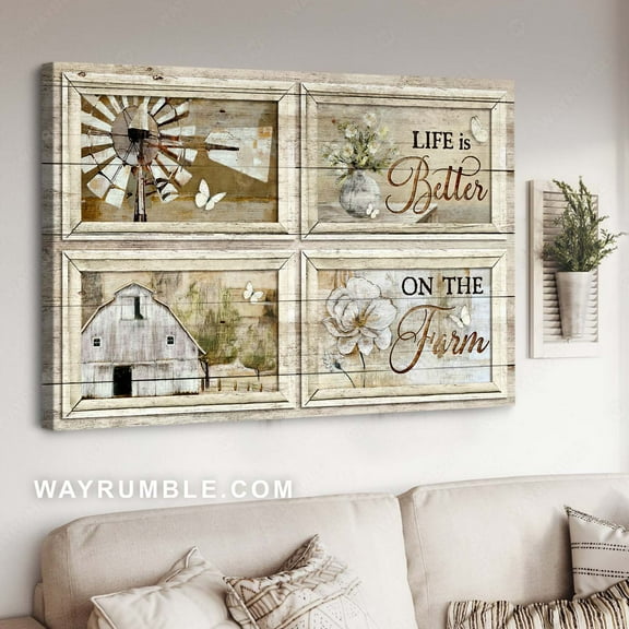 Vintage windmill, Old house, Flower vase, Life is better on the farm - Jesus Landscape poster Prints, Home Decor Wall Art, UNFRAMED-18x24