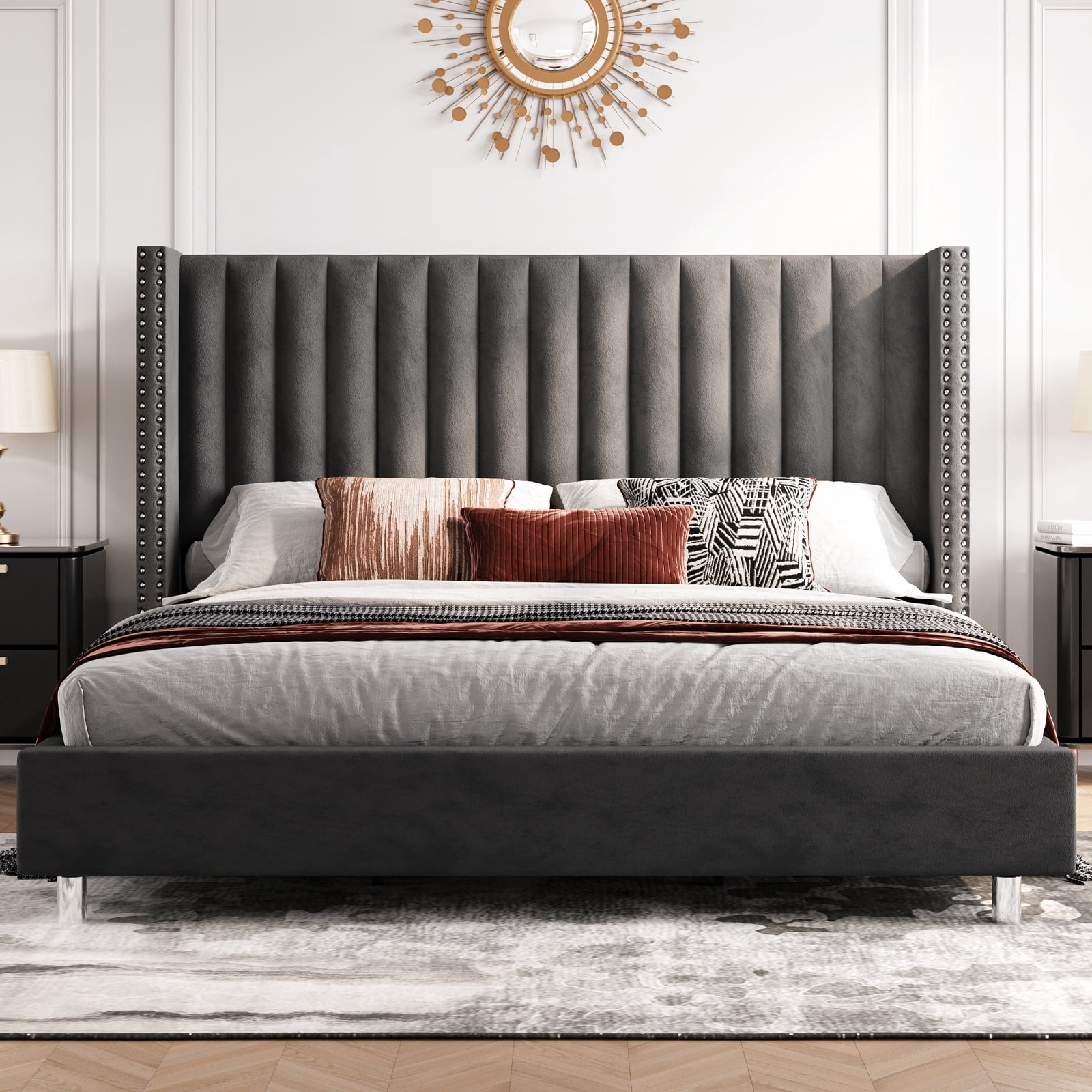 Merluxy Queen Velvet Channel Tufted Wingback Bed with Wood Slats and Metal Support, Dark Grey