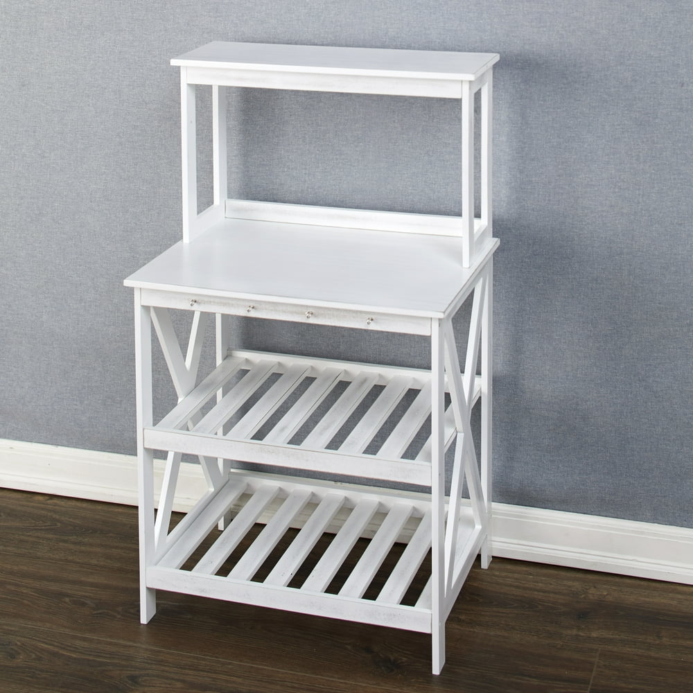 Distressed Finish Kitchen Baker's Rack with Hooks for Hanging White