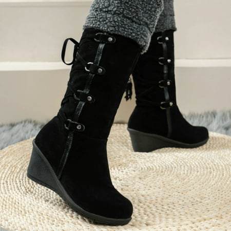 

Women‘s Wedge Knee High Boots Cross Strap Back Lace Up Tassel Plush Comfy Shoes Round Toe Thermal Shoes