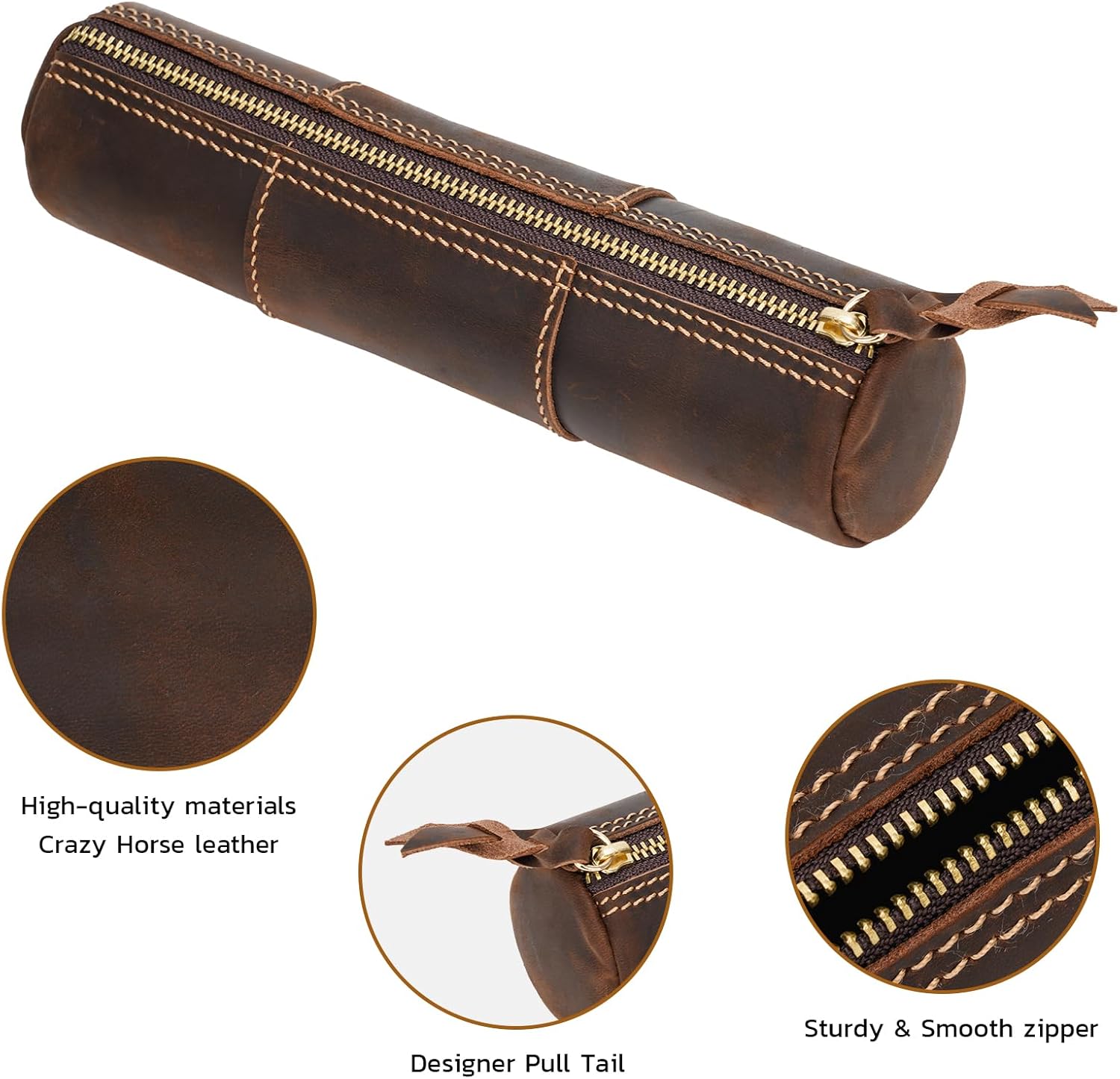 ABPETE Genuine Leather Pencil Case, Full-Grain Cowhide Leather Pouch, Small Pencil Pouch for Men, Vintage Pen Bag for Adults, Stationery Organizer Case for Work & Travel-Cylinder-Coffee