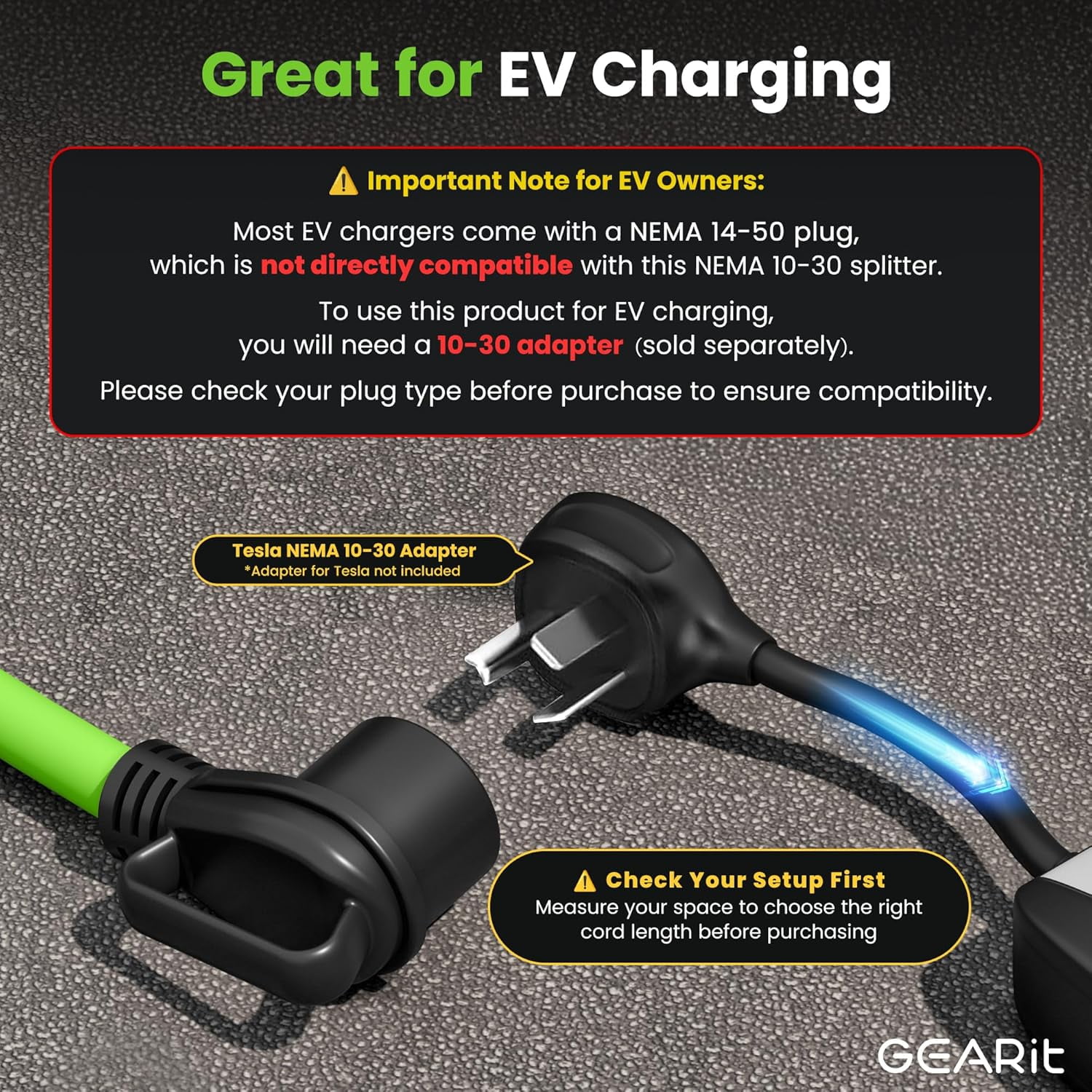 GEARit 3 Prong Dryer Cord 30 Amp Adapter Y-Splitter 10-30P to 2x 10-30R Receptacles, 2.2 Ft STW 10awg Power Cord for Dryer & EV Charger
