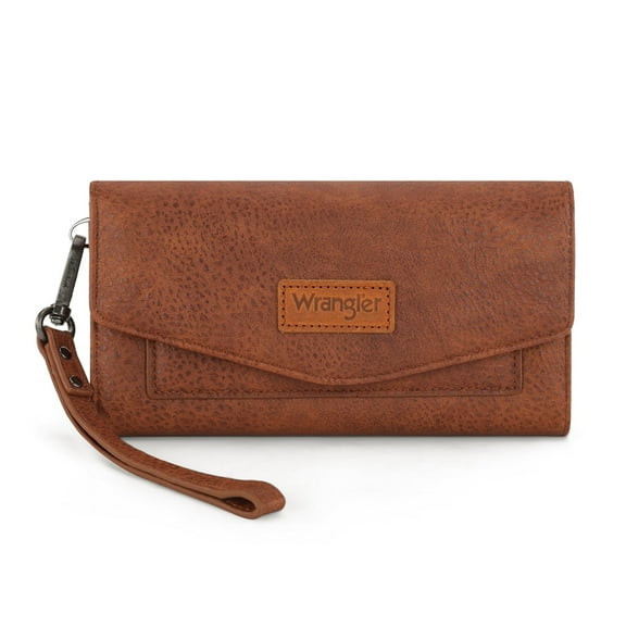 Wrangler Woman Wallet Large Phone Wristlet Women's Wallets, Card Cases & Money Organizers Trifold Wristlet Wallet with Coin Purse and Rfid Lining, Brown