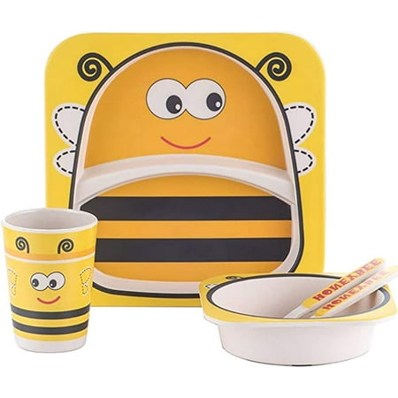 

5 Pcs Bamboo Dinner Set for Children Cartoon Animal Kids Dinnerware Set with Board Food Divided Plate Bowl Cup Spoon Fork Baby Tableware Dishware Set BPA Free Dishwasher Safe (Yellow Bee)