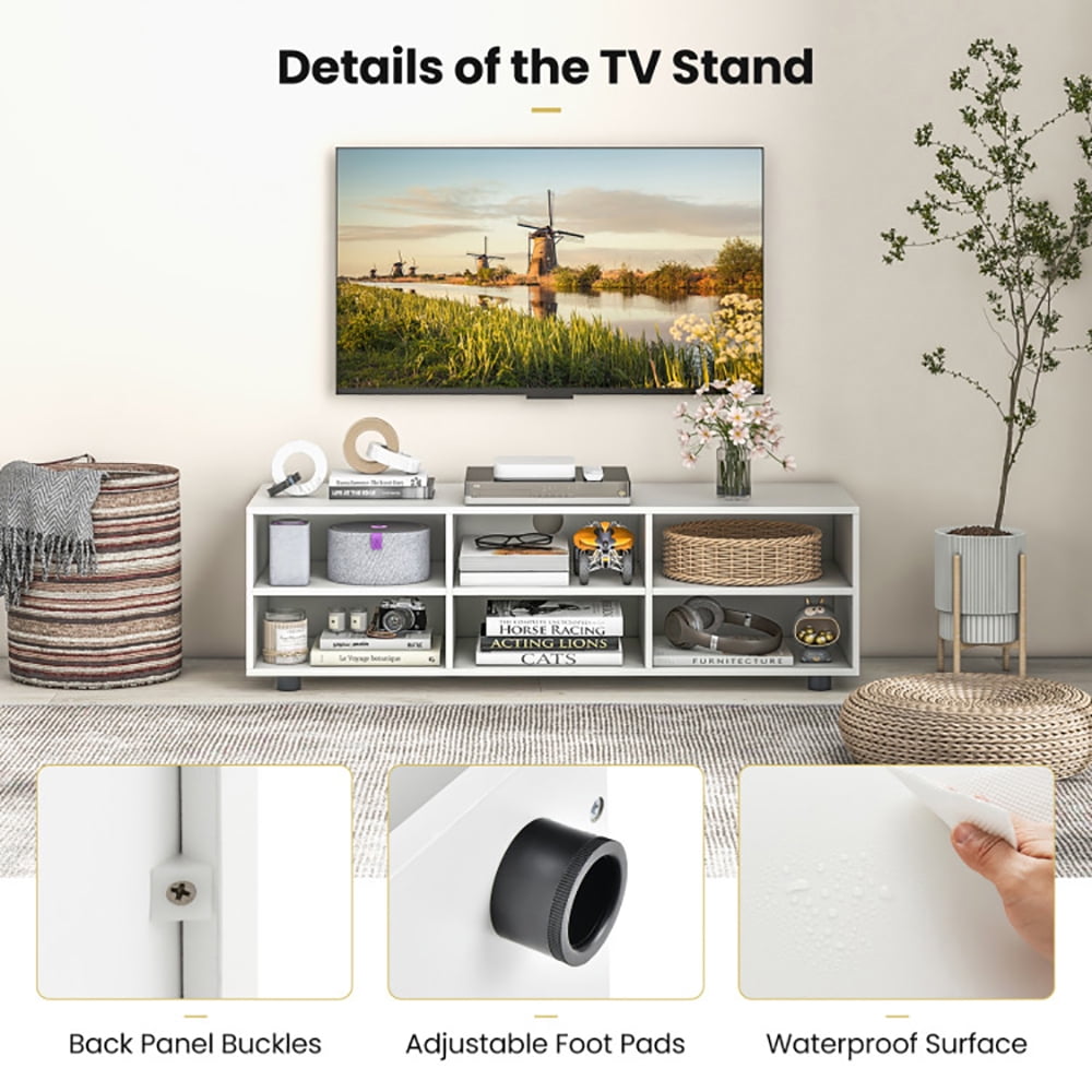Finihen TV Stand, TV Cabinet, TV Stand for TV up to 55 Inch with 6 Storage Compartments, for Living Room, White