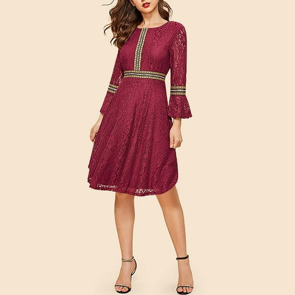 Blmnix Summer Dresses for Women Elegant Lace Peplum Petticoat 3/4 Sleeve Cocktail-Length Red Crew Neck Sequin Dress for Women,L