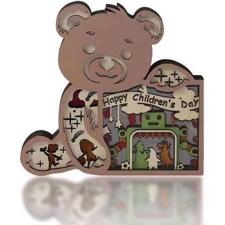 3D Wooden Carving, Bear Children's Day Multi-Layered Wood Carved Children's Day Statues Wall Hanging Figurines Rustic Sculpture Silhouette Children's Day Art for Living Room Bedroom for Presents