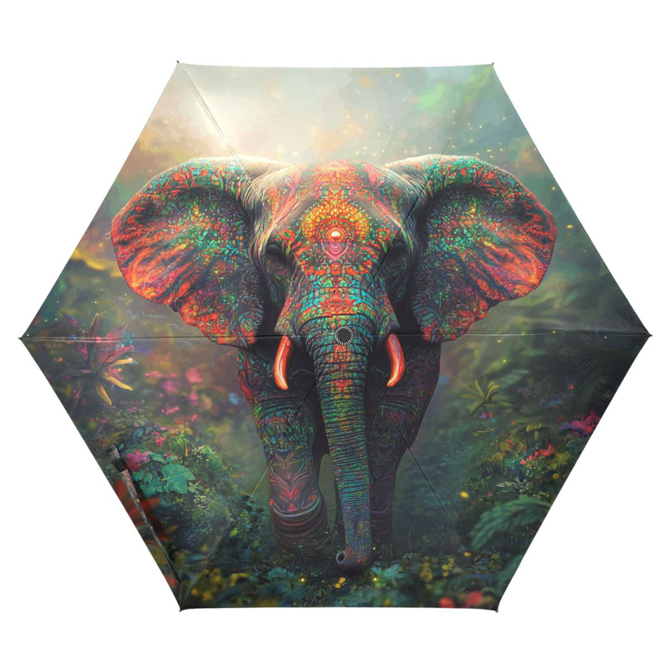 Compact Sun Umbrella Windproof Travel Umbrellas for Rain Strong Portable UV Protection Vibrant Elephant in Forest