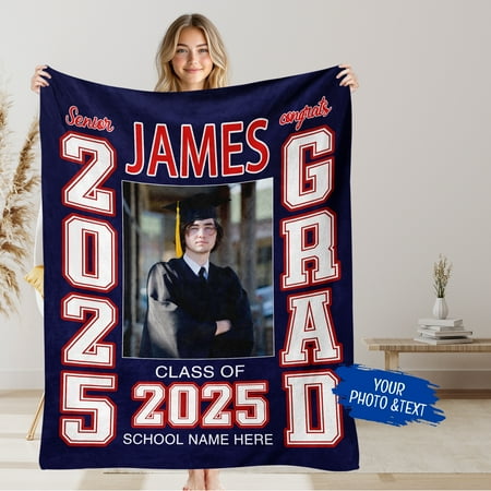 2025 Graduation Gifts Throw Blanket Personalized Graduation Gifts Blanket with Name School for Friend Custom Blanket With Photo&Text Perfect Customized Graduation Gifts For High School College