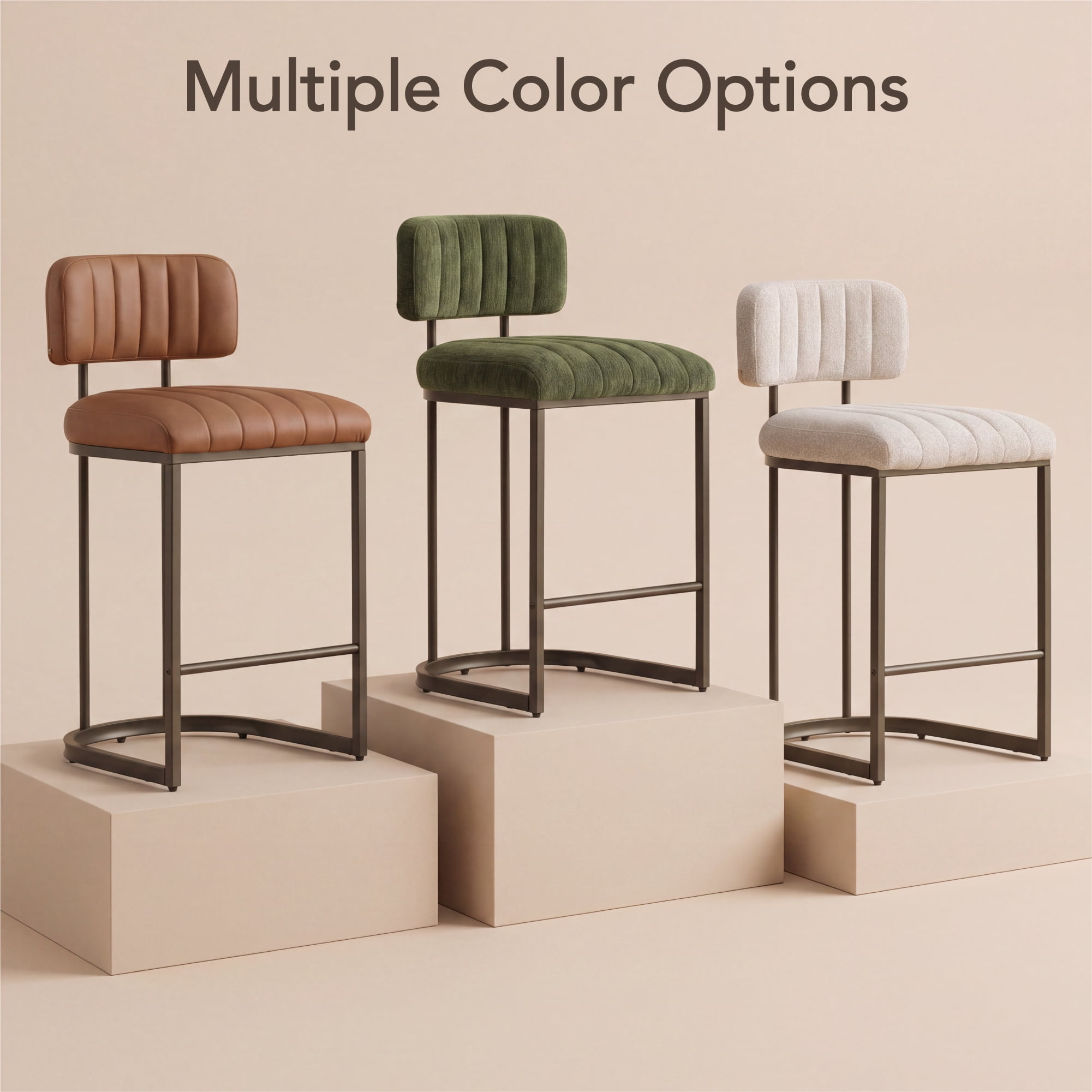 Spruce & Spring 26" Fixed Counter Height Bar Stools Set of 3, Upholstered Counter Chairs with Curved Back & Channel Tufting, Metal Base for Kitchen Island & Home Bar, Sand Fabric
