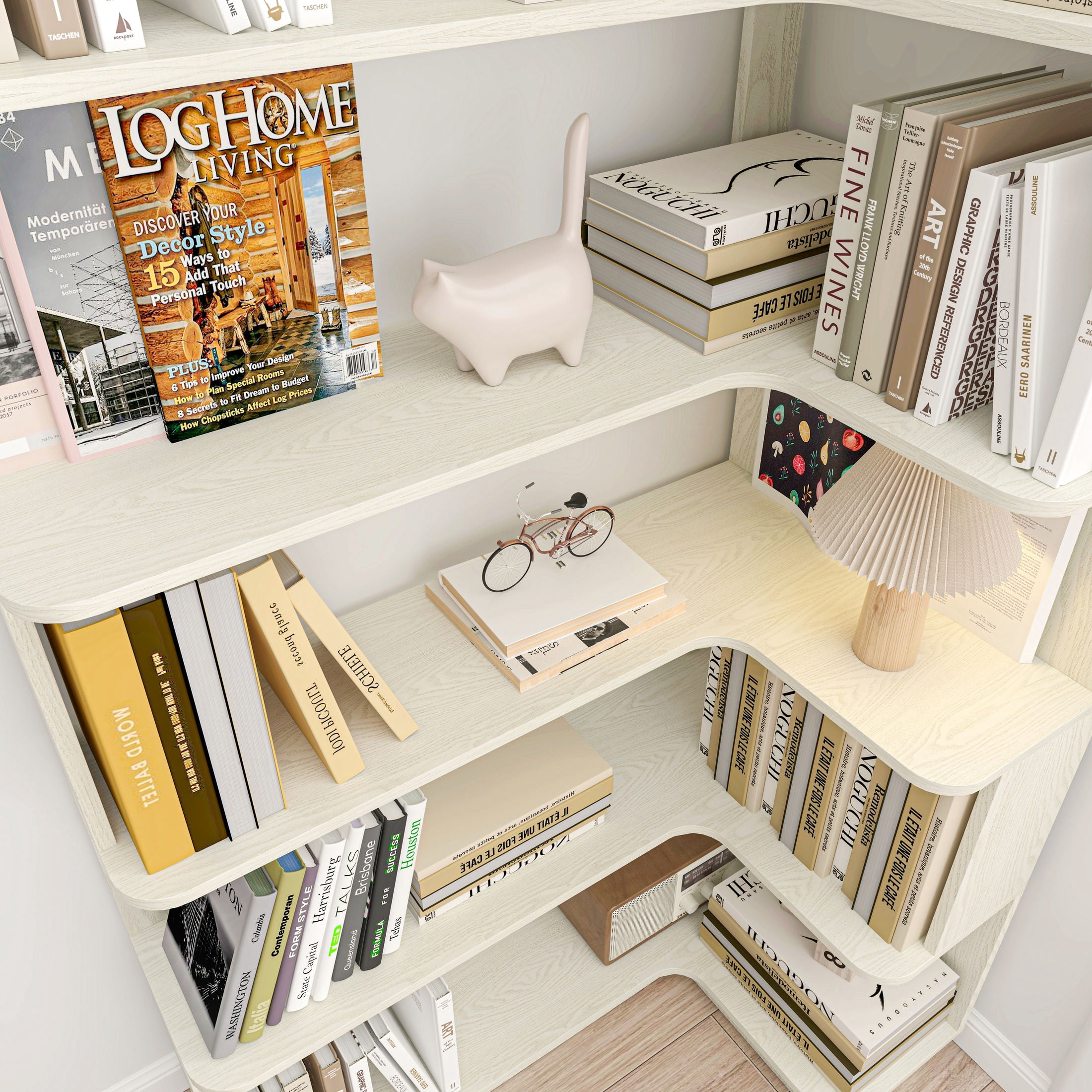GDF Studio Derwin 5-Tier Corner Bookshelf, L-Shaped Wooden Bookcase for Living Room, Home Office, White Oak