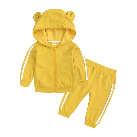 

Caqnni Kid Little Girls Boys Pants Clothes Set Long Sleeve Round Neck Solid Color Solid Color Sweatshirt + Casual Street Long Drawstring Trousers Fall Outfits (3-6Months Z04-Yellow)