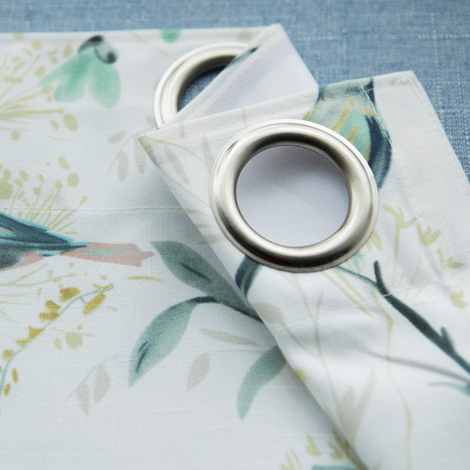 VOGOL Green Birds and Flower Printed Linen Curtains, Blackout Window Panels for Bedroom, One Panel, W52xL84, Grommet