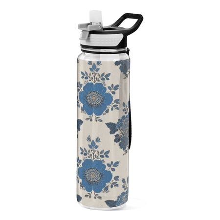 1000ML Transparent Sports Water Bottle with Handle & Straw Portable Water Bottle for Outdoor Camping Gym Elegant Blue Flowers Pattern