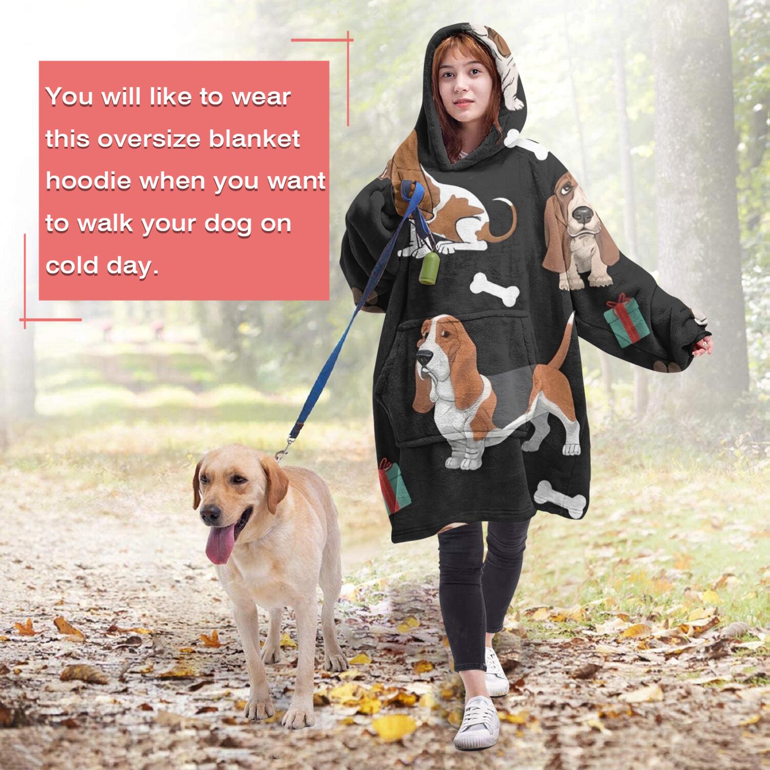 Wearable Oversized Blanket,Basset Hounds with Bones and Presents Wearable Blanket Hoodie for Adults,Cozy Hooded Blankets with Super Pockets,Super Warm Fuzzy Pullover for Women & Men