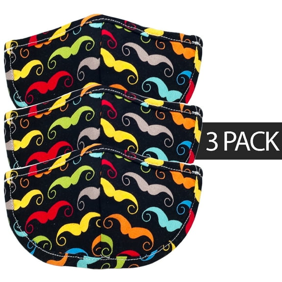 3-Pack Kids Fashionable Face Masks Adjustable Strap Reusable and Washable 100% Cotton for Ages 1-5 Yr Old (Mr. Mustache)