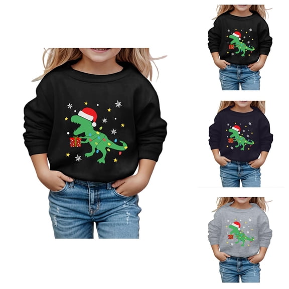 Boys Girls Christmas Sweatshirt Long Sleeve Casual Crewneck Funny Dinosaur Graphic Sweatshirts Kids Pullover Tops 3-14 Years