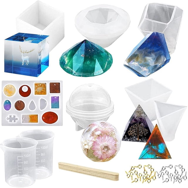 Juego de moldes de resina epoxi, 43 piezas de moldes de resina para fundición de resina, moldes de silicona para bricolaje, resina epoxi que incluye esférico, cúbico, piramidal, diamante, con taza