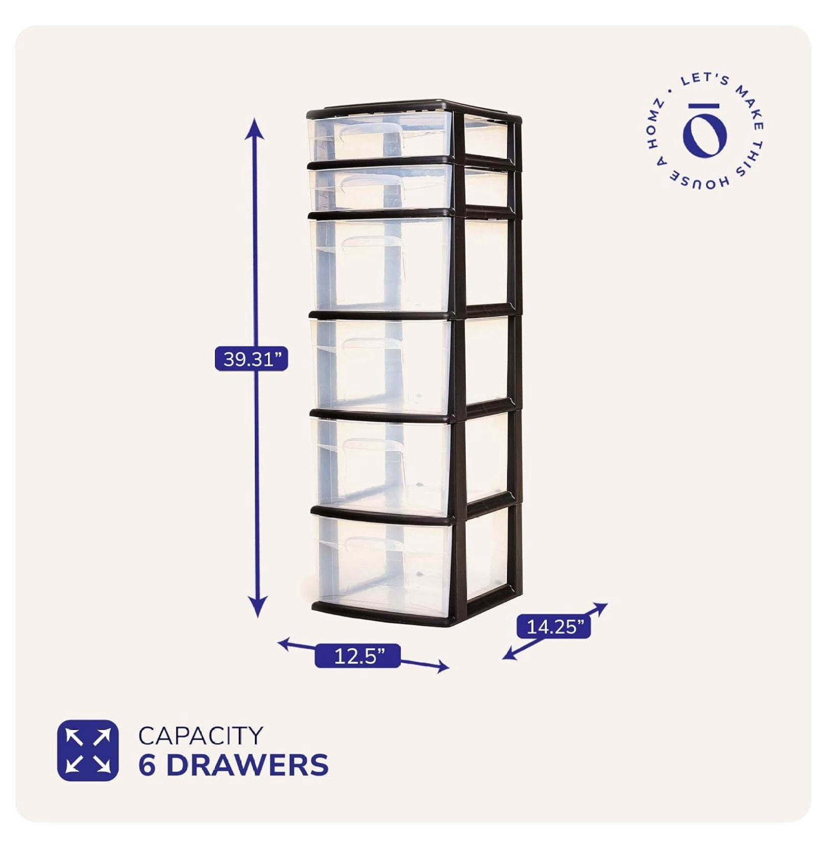 Drawer Tower, 6-Tier Clear Plastic Storage Organizer Cart, Black Frame - Heavy-Duty Organizing Drawers for Home, Bedroom, and Closet Organization