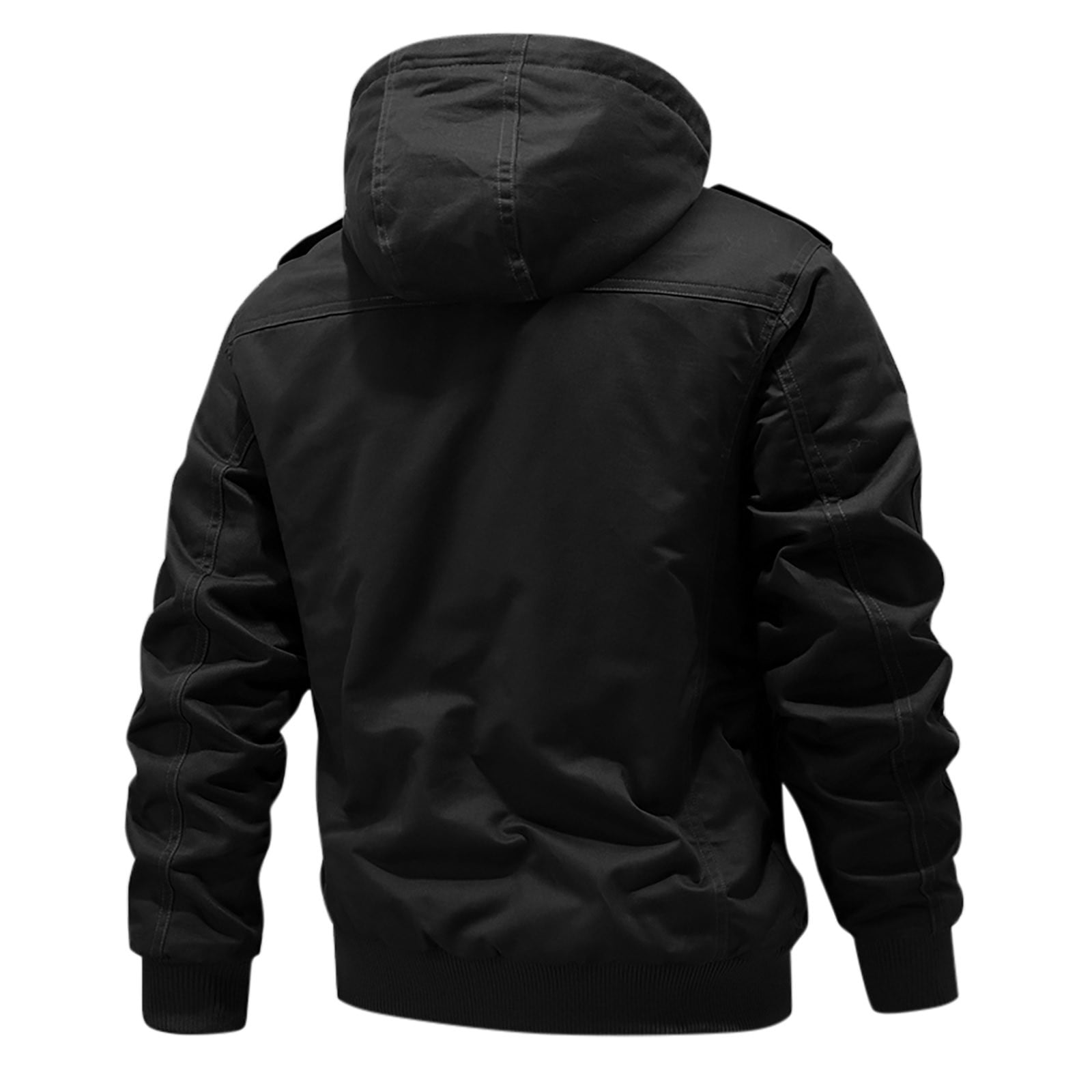 COSFO Work Jackets for Men Bomber Black Solid Heavyweight Coat Hooded Multiple Pockets Relaxed Fit Zip Up Cargo Outerwear Jackets