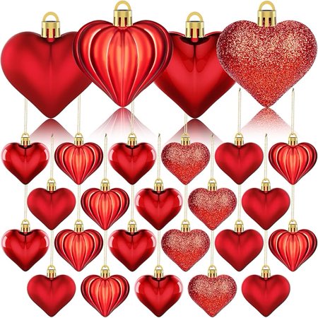 Janrevotw 24Pcs Valentines Day Decor Heart Ornaments Red Heart Shaped Baubles Ornaments for Valentine s Day Hanging Decorations or Wedding Anniversary Party Supplies Home Tree Decorations (4 Styles)