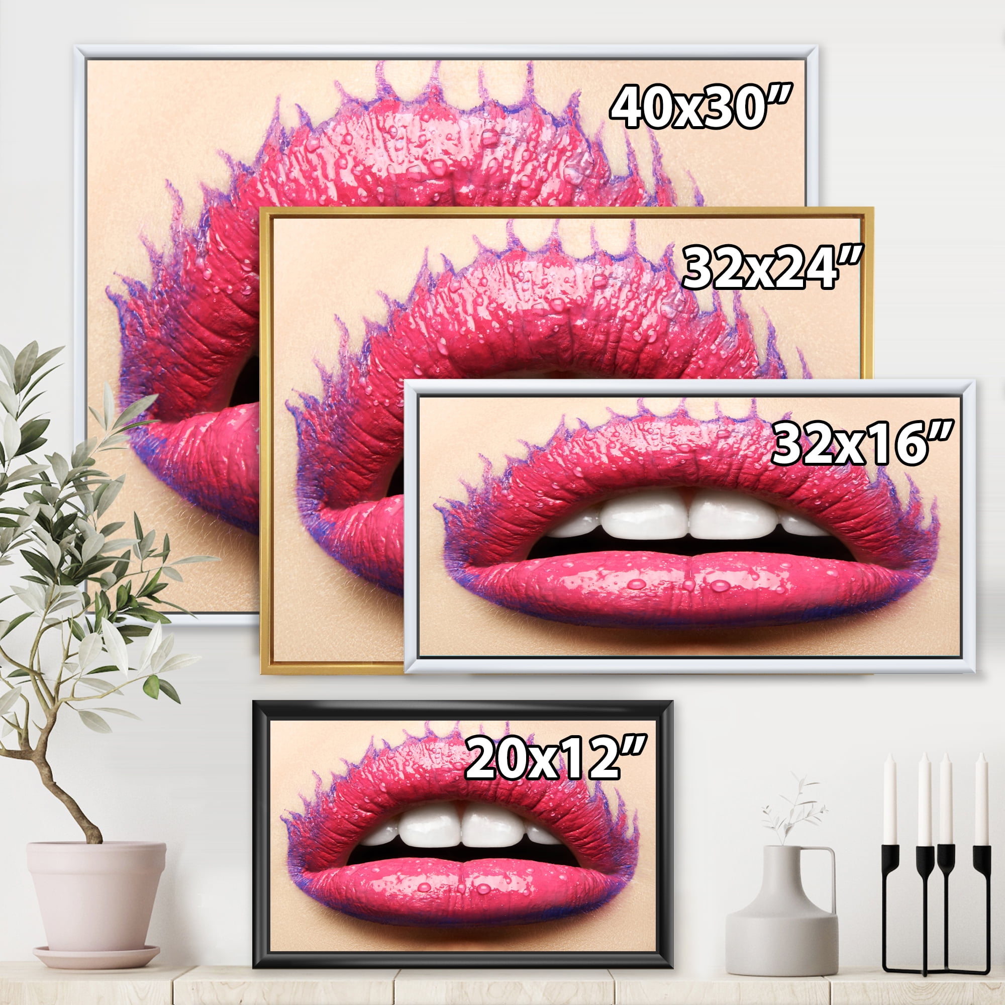 Designart 'Beautiful Woman Lips With Pink Lipstick' Modern Framed Canvas Wall Art Print