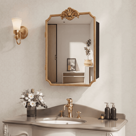 Jableast 16x24in Vintage Rectangle Medicine Cabinet with Mirror, Wall Mounted Bathroom Storage, Recessed/Surface Mount, Baroque Retro Design, Gold Beaded Border, Easy Install Vanity Cabinet