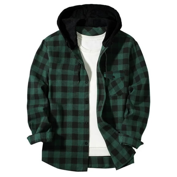 Chiccall Mens Flannel Hoodie Shirts Plaid Drawstring Hoodies Patchwork Button Up Tops Blouse 2025 Stylish Long Sleeve Jacket with Pocket