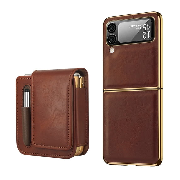 ELEHOLD Leather Case for Samsung Galaxy Z Flip 4, with Tempered Glass Lens Protector 360° Rotating Belt Clip Holster Pen Slot Full Body Protective Case for Samsung Galaxy Z Flip 4,Brown