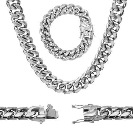 Cuban Link Chain Silver Charms BEBERLINI Cuban Link Necklace and Bracelet Set Silver Miami Cuban Chain Stainless Steel Fashion Men Women Jewelry 18 mm Width ()